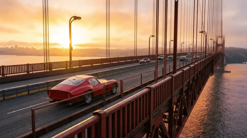 Photo d'une ferrari sur le golden gate de nano banana pro