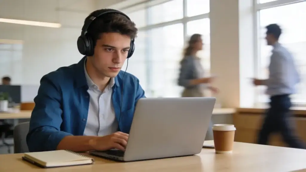 Personne concentrée en open space avec casque