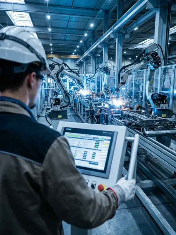 Automaticien devant un écran IHM face à une ligne de montage robotisée